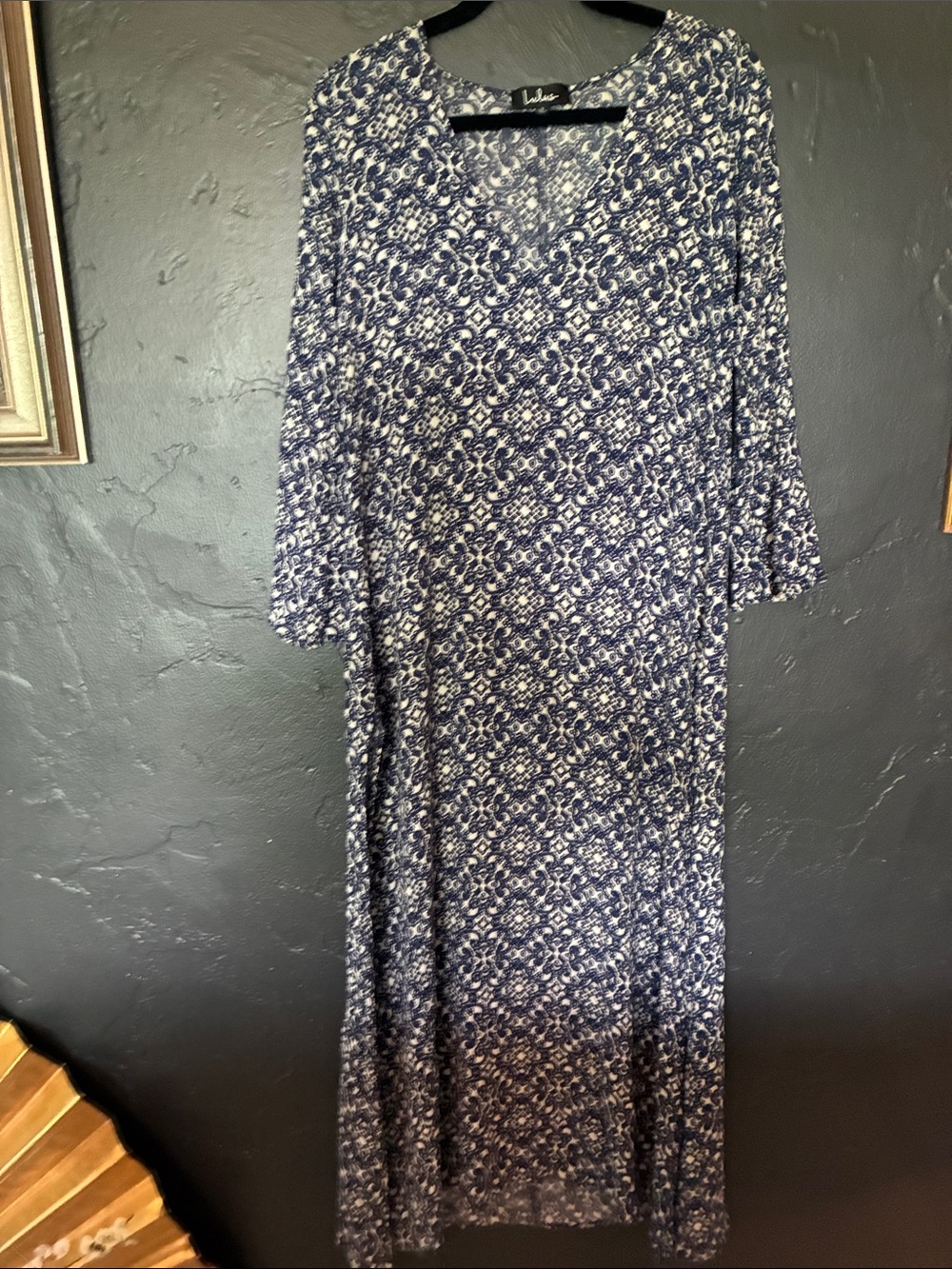 LuLaRoe Blue and White Maxi Dress with V-Neck Floral Print